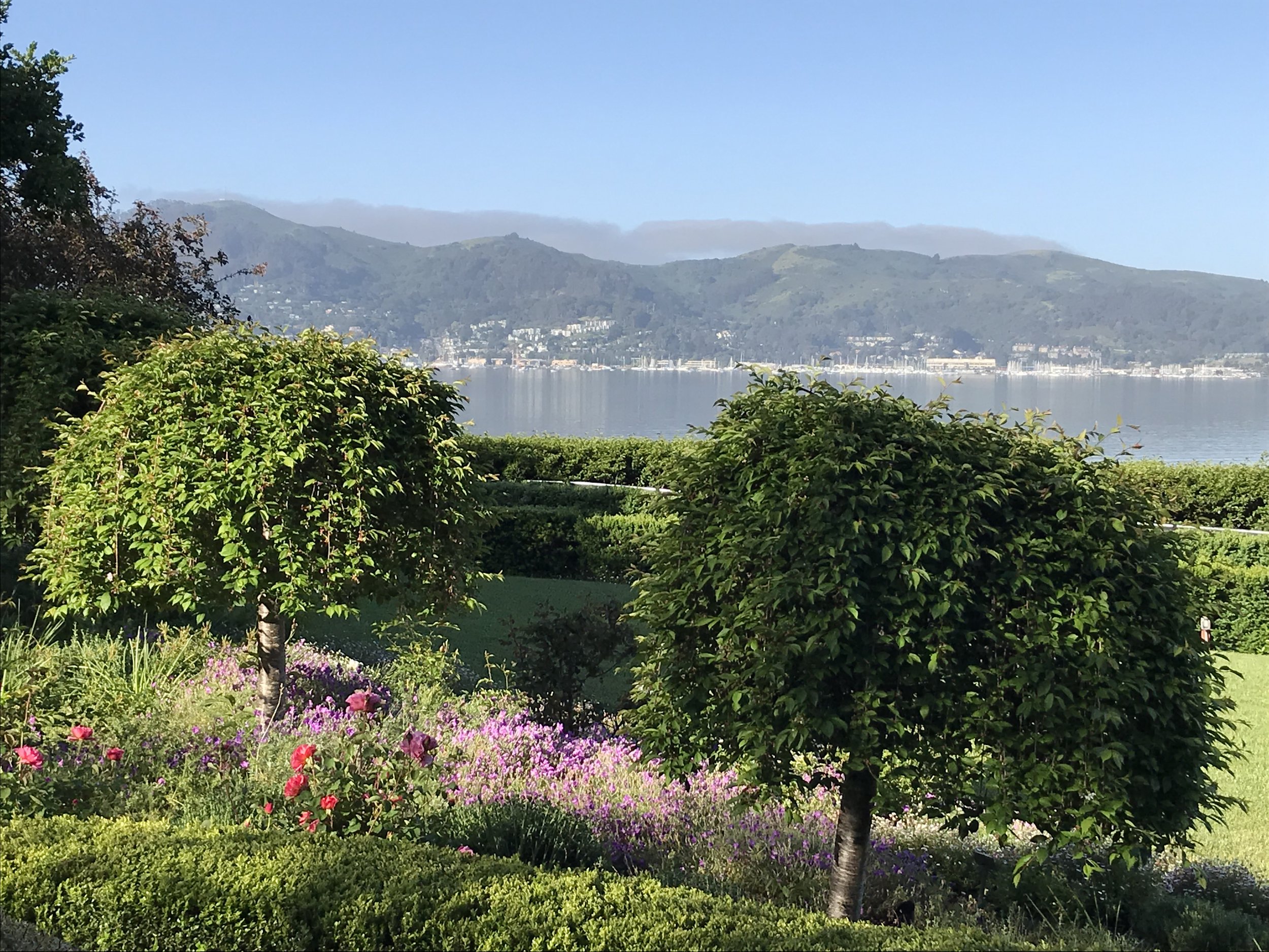 Landscape view with lush green bushes and trees in the foreground, colorful flowers at the bottom, calm lake waters in the middle ground, and mountains with a few clouds in the background under a clear blue sky.