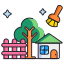 Colorful cartoon house with trees, a fence, and a sun in the sky