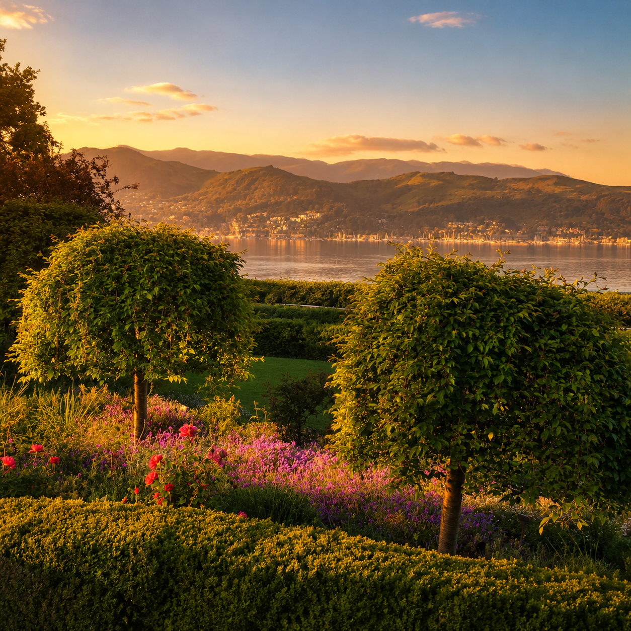 A serene landscape featuring lush green bushes and flowering plants in the foreground, overlooking a calm body of water with mountains in the background during sunset.