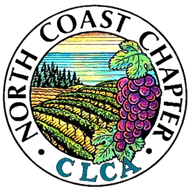 Logo of the North Coast Cooperator, featuring a vineyard landscape with rolling hills, trees, and a bunch of purple grapes with green leaves.