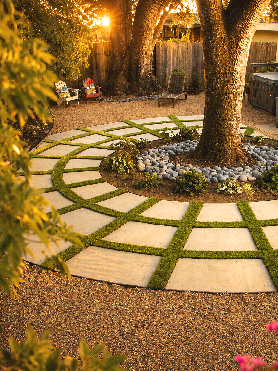 A backyard garden with a large tree at the center, surrounded by a circular pathway made of concrete slabs and grass. There are small decorative plants, a gravel border with smooth stones around the tree, and several chairs in the background, illuminated by golden sunset light.