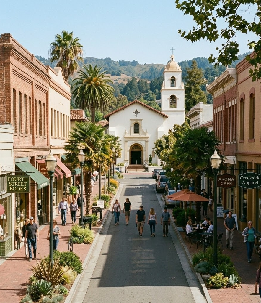 Street scene with pedestrians walking and sitting outside cafes, surrounded by palm trees, with a church or chapel in the background, on a sunny day.
