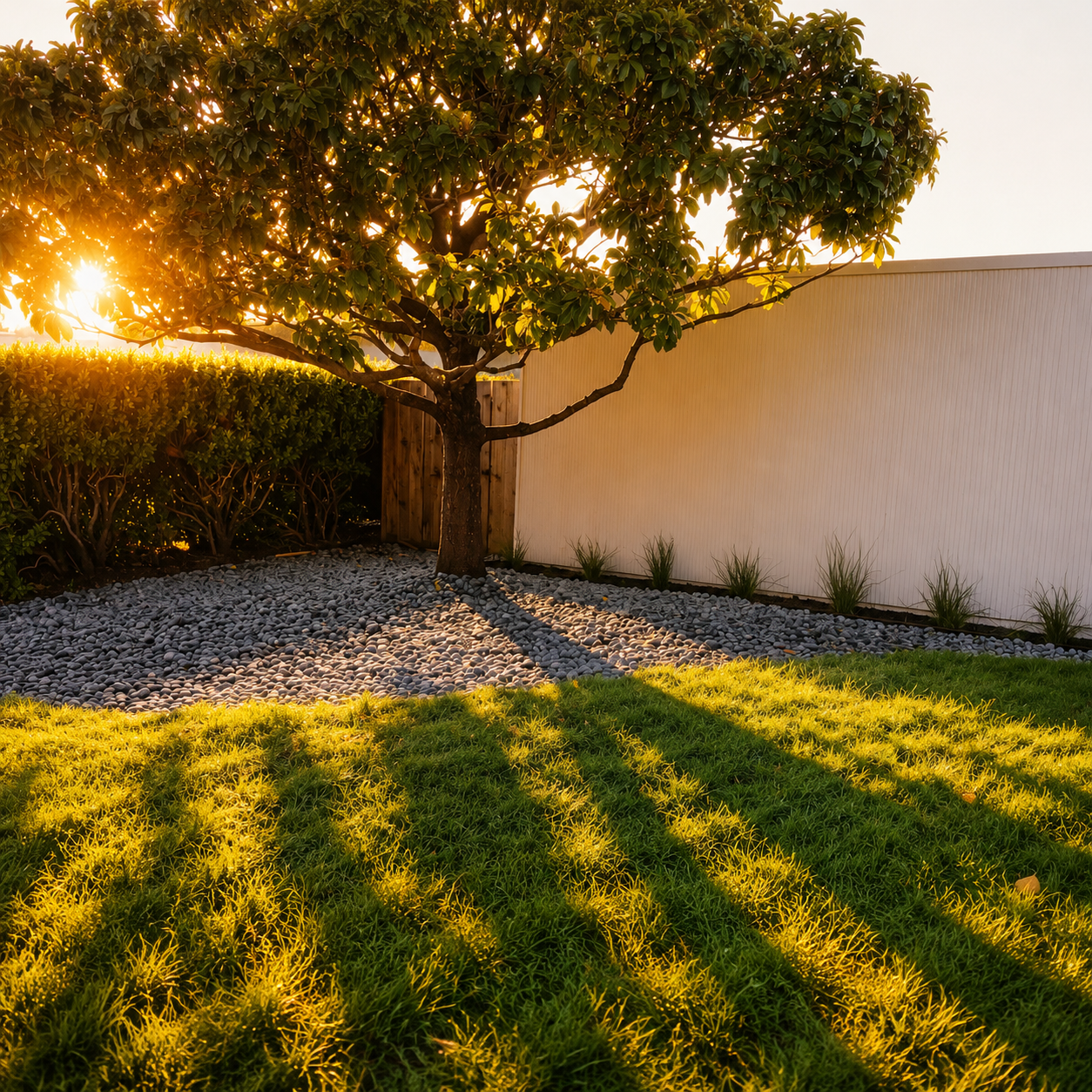 Sunset scene of a backyard with a tree casting long shadows on the grass, a white wooden fence, and a row of small plants beside the fence.