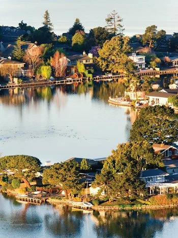 Aerial view of a lakeside neighborhood with houses, trees, and docks along the water's edge, reflecting on the lake.