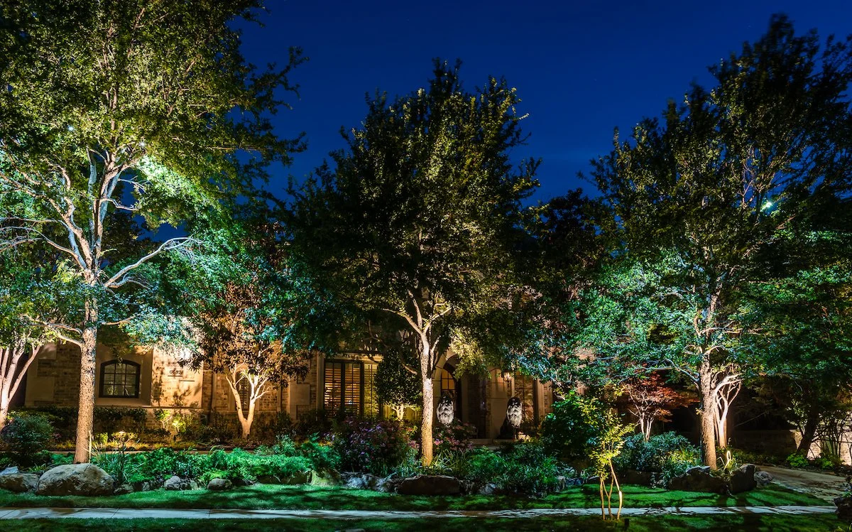 Night view of a landscaped garden with trees and plants illuminated by outdoor lighting in front of a house with lit windows.