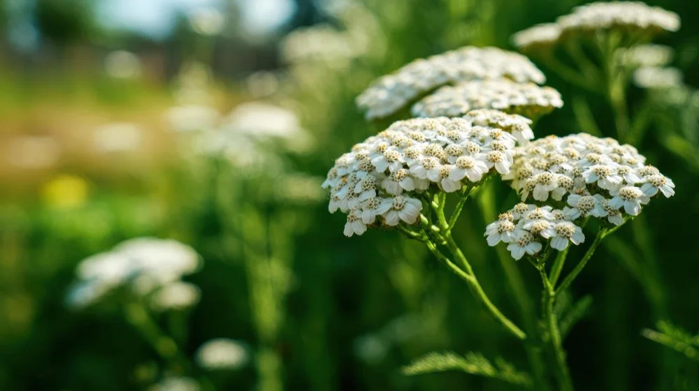 Close-up of white yarrow flowers in a green garden with sunlight