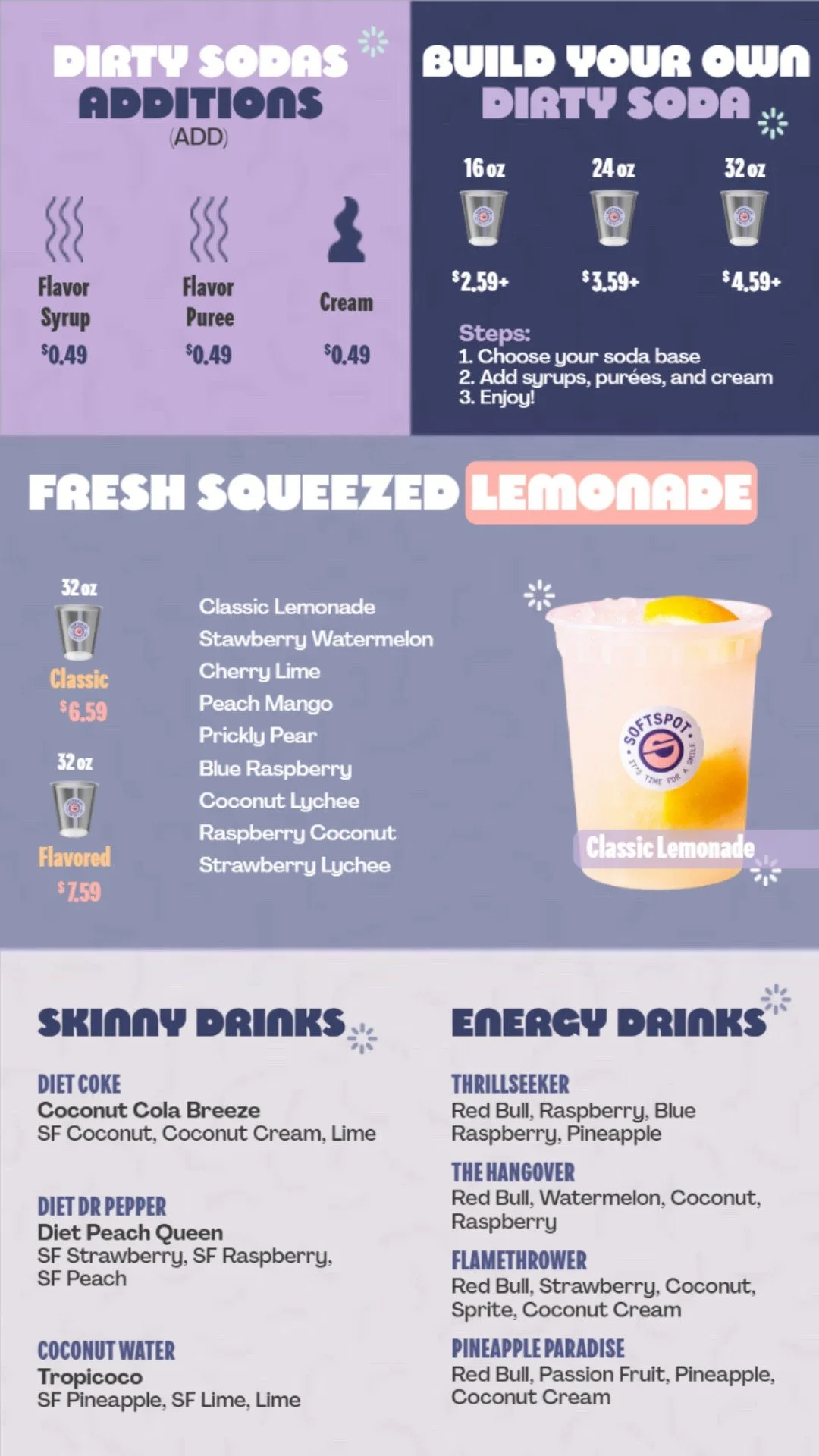 Menu featuring Dirty Sodas, build-your-own soda, fresh lemonades, skinny drinks, and energy drinks.