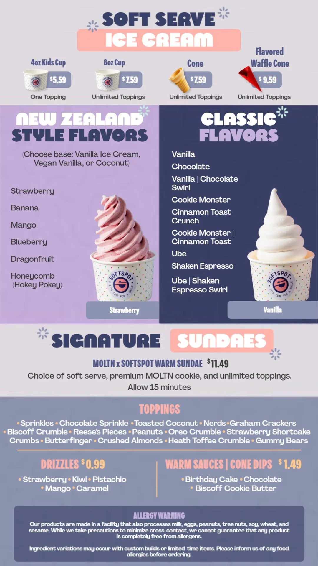 Menu showing soft serve sizes, New Zealand–style flavors, toppings, and signature sundaes.