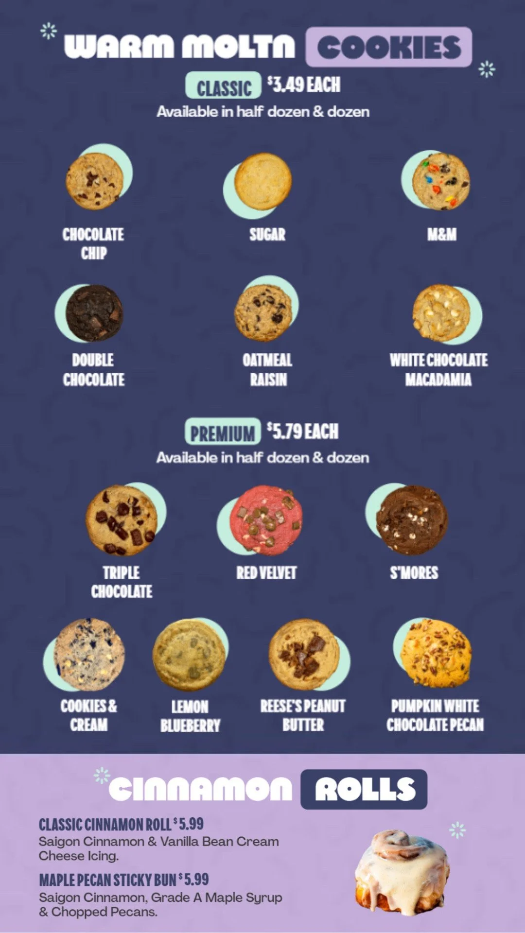 Menu showing classic and premium MOLTN cookies plus cinnamon rolls with prices.
