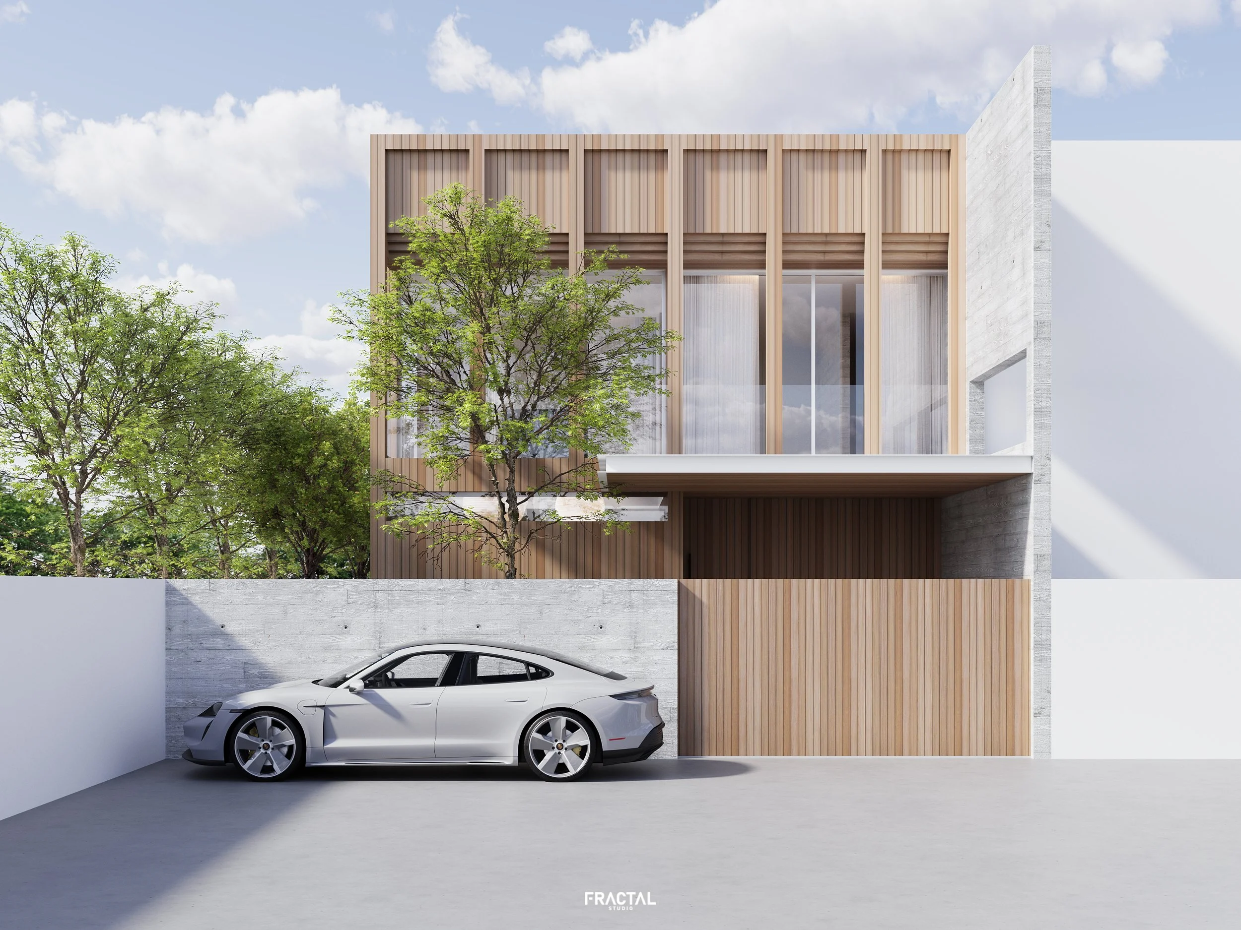 อาคารหน้ากว้างสไตล์โมเดิร์นสูงสองชั้นที่เน้นระแนงไม้สีอ่อนและผนังคอนกรีตเปลือยผิวหน้าขรุขระ พร้อมโรงรถด้านหน้าที่มีรถสปอร์ตสีขาวจอดอยู่ ท่ามกลางบรรยากาศร่มรื่นของต้นไม้ใหญ่และแสงแดดจัด