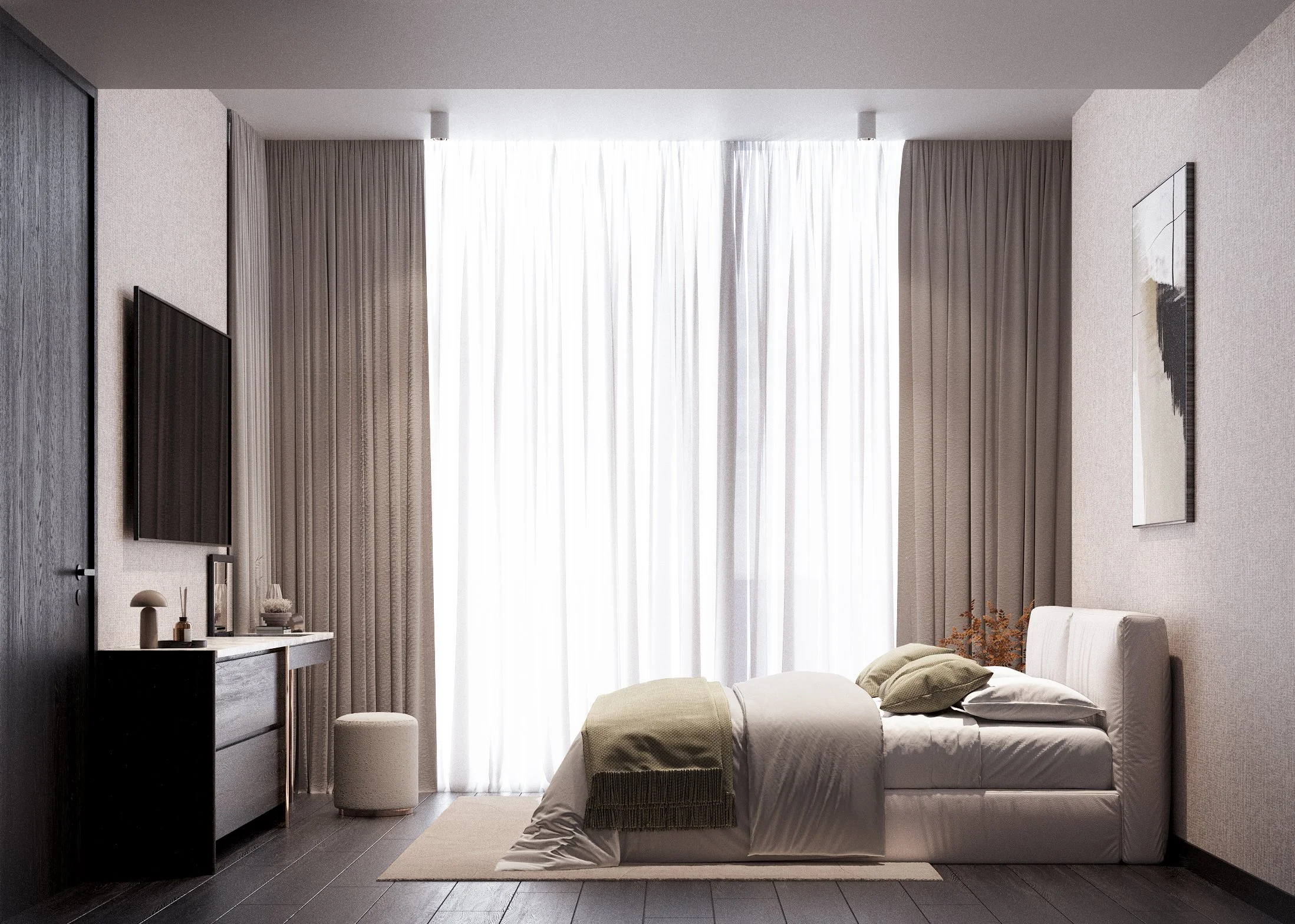 การจัดวางตำแหน่งเตียงนอนเพื่อรับวิวเมืองสาทร พร้อมผ้าม่านดีไซน์พิเศษที่ช่วยควบคุมแสงและอุณหภูมิภายในห้อง