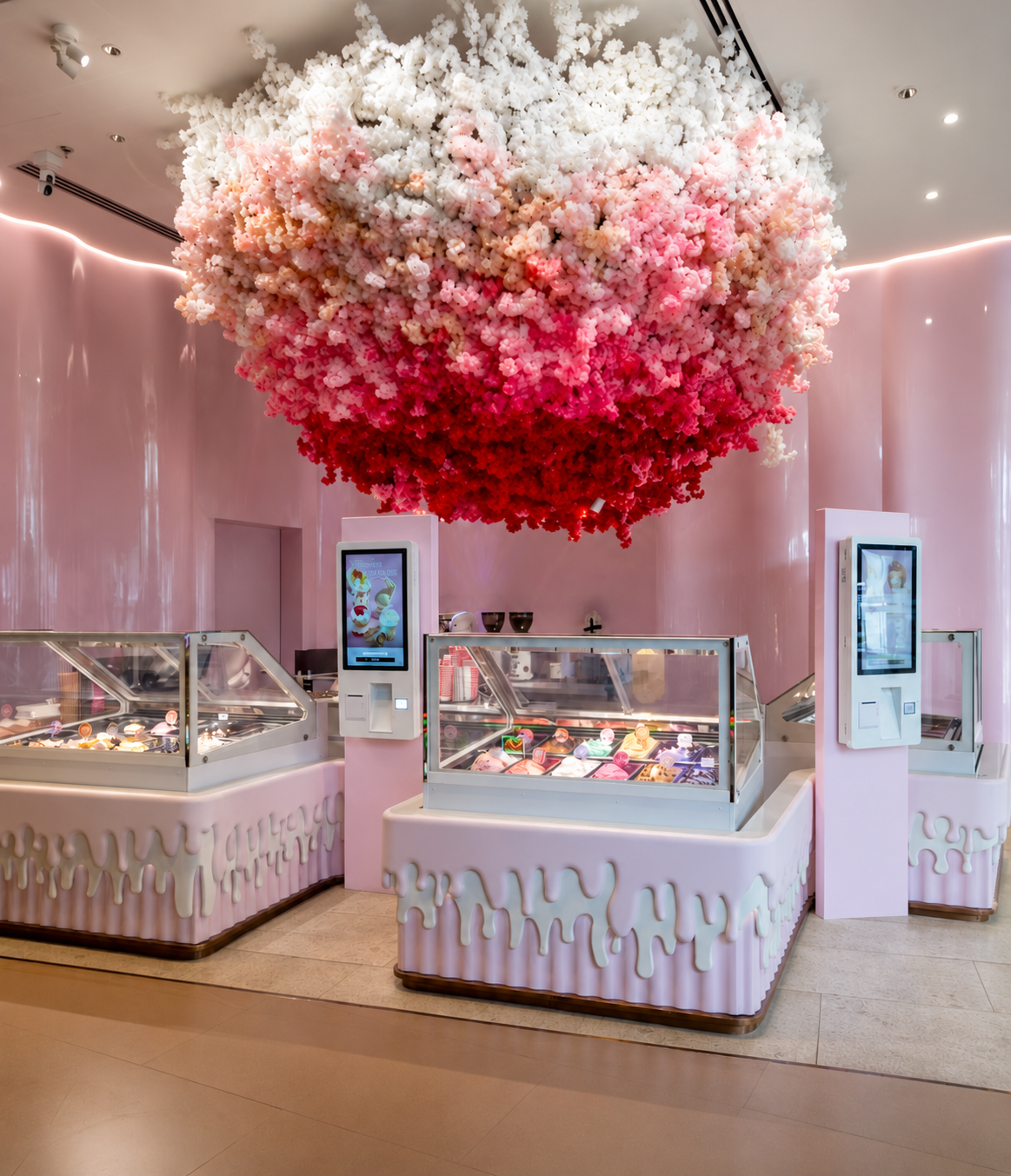 Candy-colored ice cream display cases with a large pink and white floral installation above, set against pink walls in a modern ice cream parlor.
