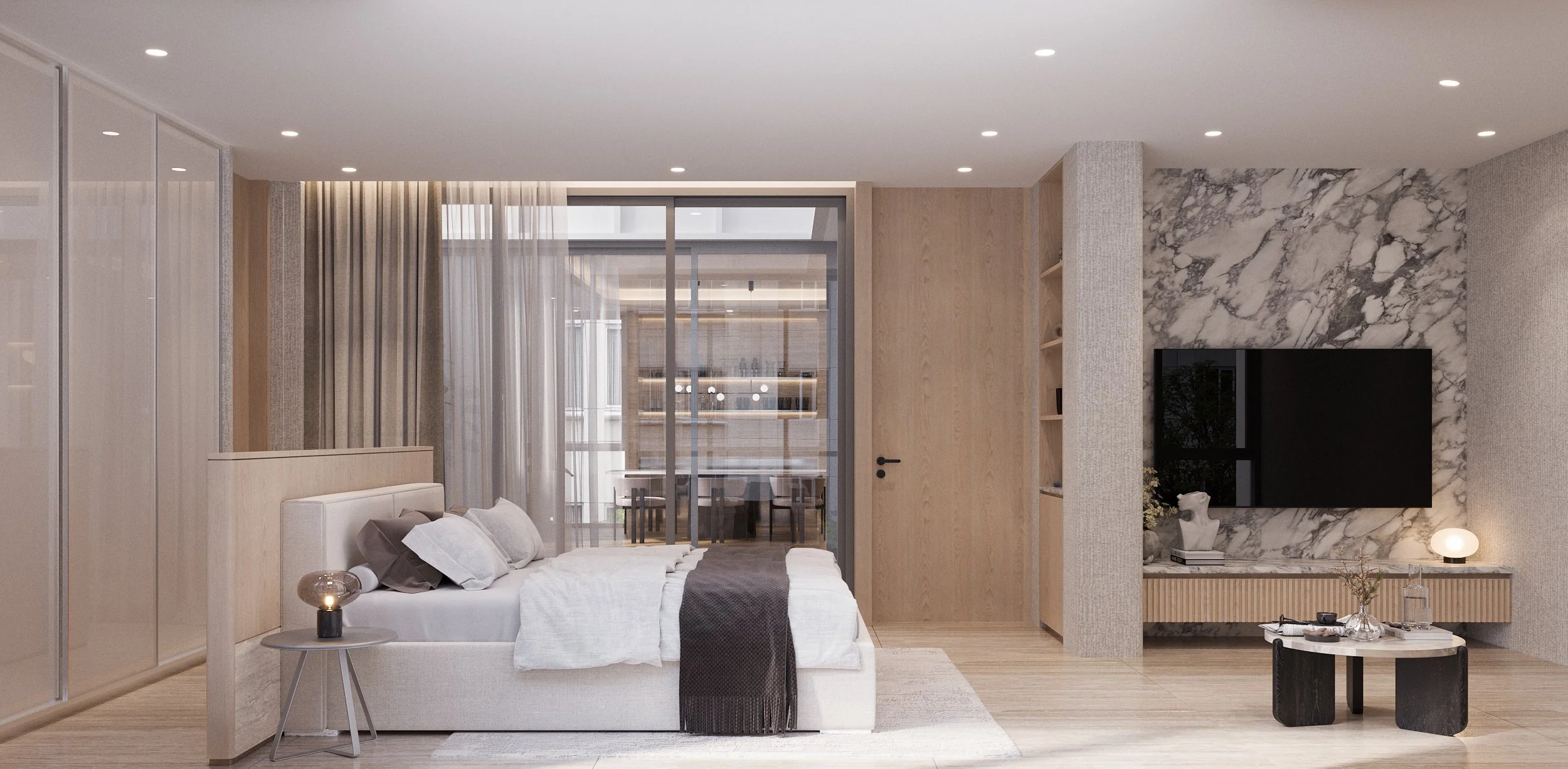 างปูกระเบื้องกำลังใช้เครื่องมือปรับระดับและจัดเรียงกระเบื้องพอร์ซเลนแผ่นใหญ่ลายหินอ่อนสีขาวคาราร่าลงบนพื้นผิวที่เตรียมไว้ แสดงให้เห็นความละเอียดในการทำงานเพื่อให้ได้ร่องยาแนวที่เล็กและสวยงาม