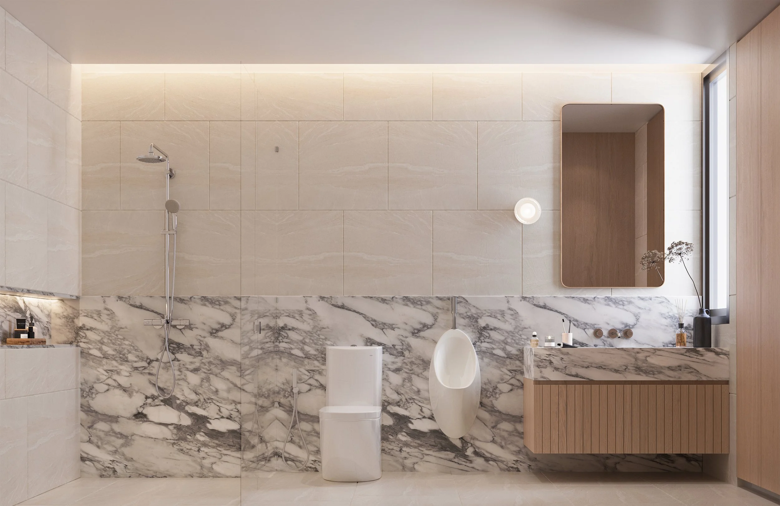 ออกแบบห้องน้ำหลักให้มีความหรูหราด้วยวัสดุหินธรรมชาติและอ่างอาบน้ำแบบลอยตัวในบรรยากาศผ่อนคลาย