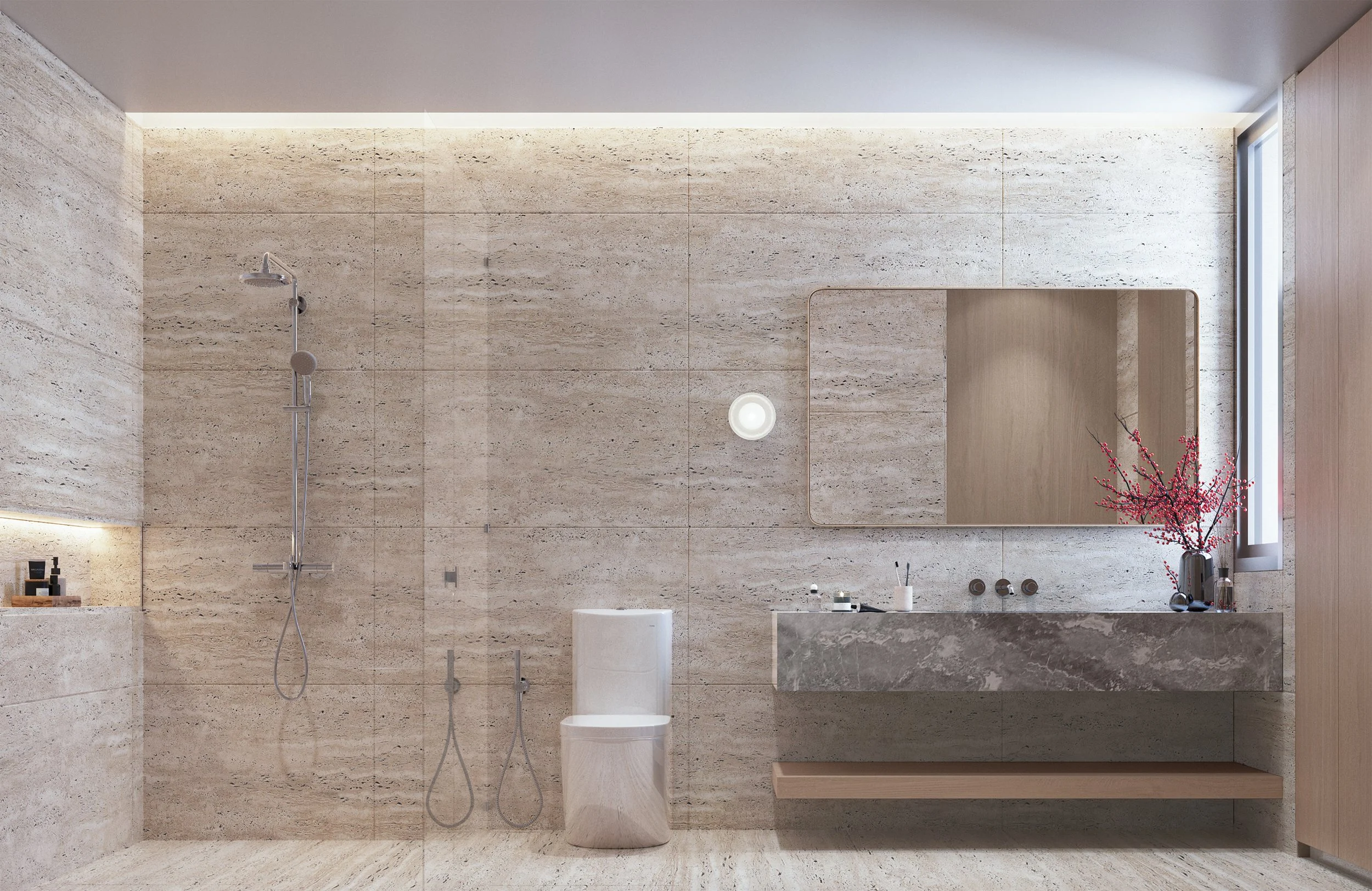 การออกแบบห้องน้ำที่เน้น Texture ของวัสดุหินและช่องแสงธรรมชาติ ช่วยให้ห้องน้ำดูหรูหราและไม่อับชื้น