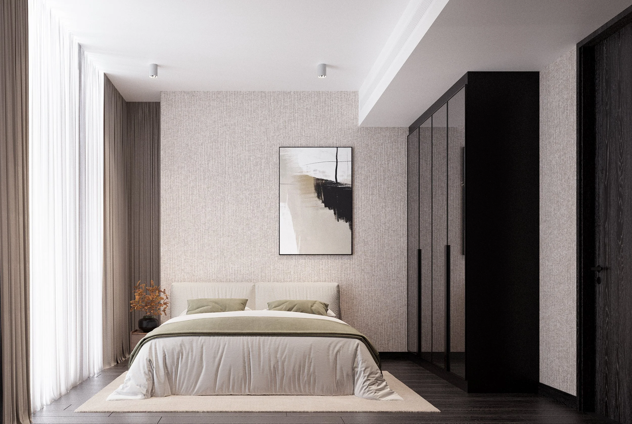 งานตกแต่งห้องนอนคอนโด Tait Sathorn 12 ที่เน้นความโปร่งสบายและการซ่อนไฟ LED (Indirect Light) สร้างบรรยากาศผ่อนคลาย