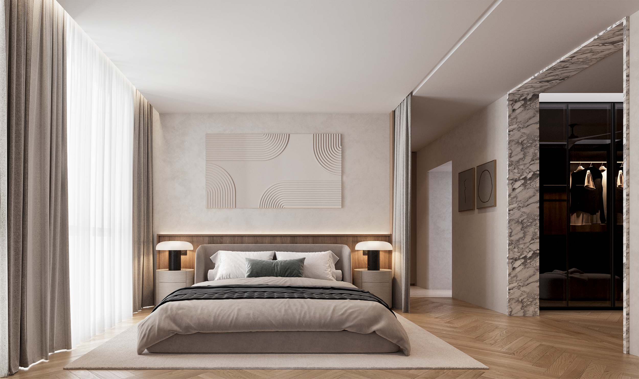 งานดีไซน์ผนังหัวเตียงแบบ Built-in ที่มีลูกเล่นของการซ่อนไฟ (Indirect Light) เพิ่มความละมุนให้กับห้องนอน