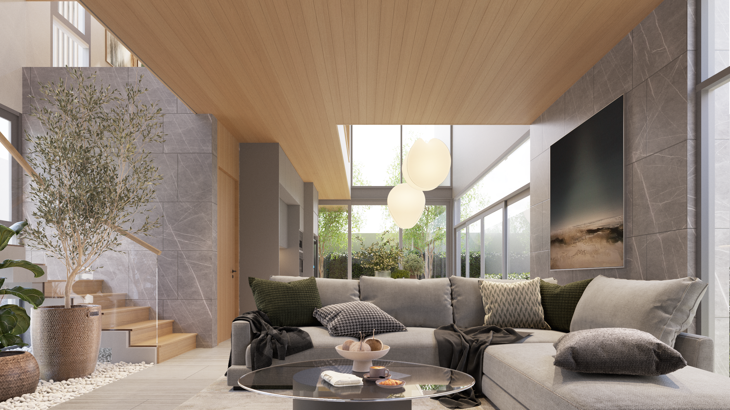 งานออกแบบภายในห้องนั่งเล่น โปรเจค Ramindra 85 Residence เน้นความโปร่งสบายสไตล์ Warm & Simple โดย Fractal Studio