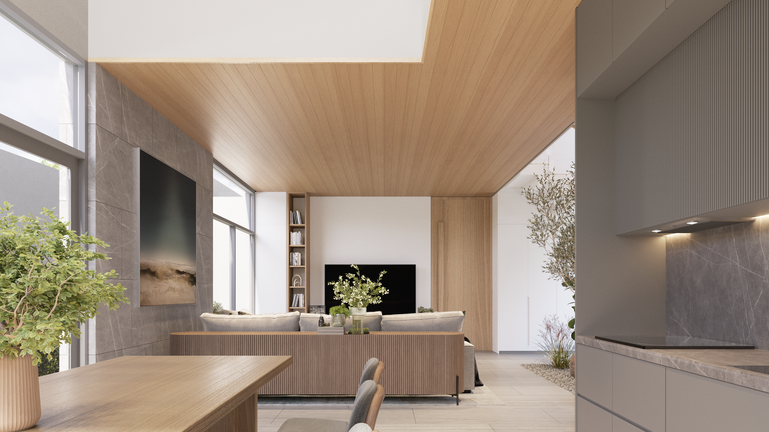 ออกแบบภายในห้องนั่งเล่นเปิดโล่สู่ห้องครัว บ้าน Ramindra85 Residence ออกแบบโดย Fractal Studio กรุงเทพ