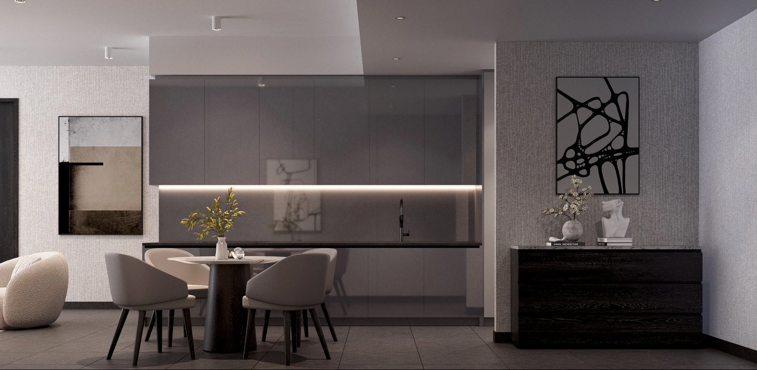 ออกแบบส่วนครัวและเตรียมอาหารให้ดูกลมกลืนไปกับห้องนั่งเล่น เลือกใช้โทนสีเข้มเพื่อสร้างความโดดเด่นและดูหรูหรา