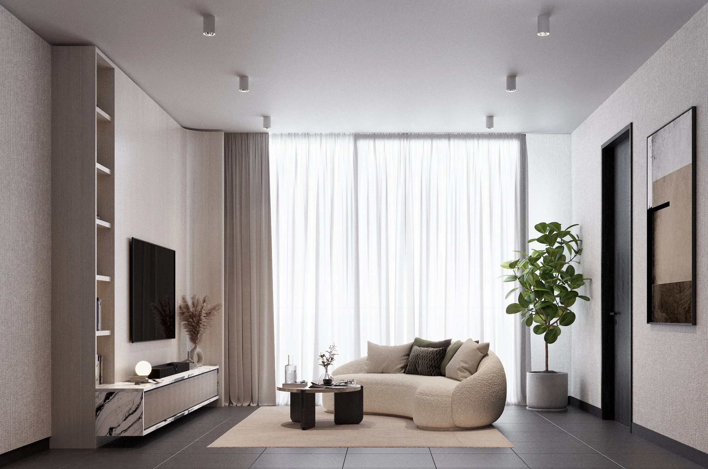 ตกแต่งภายในคอนโด Tait Sathorn 12 สไตล์ Modern Luxury ในห้อง Type 2B2 เน้นโทนสีสว่างและเฟอร์นิเจอร์โค้งมนดีไซน์ทันสมัย