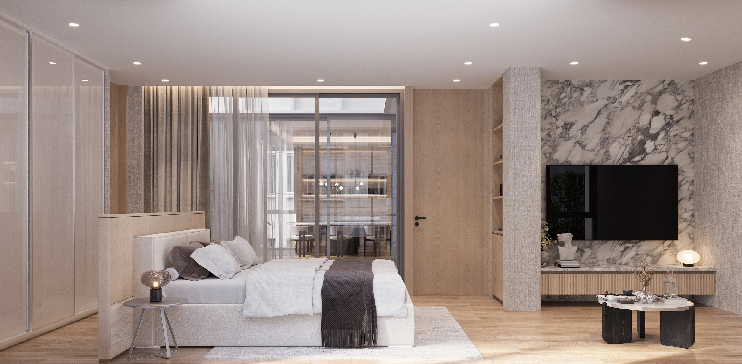 ภาพถ่ายมุมกว้างเปรียบเทียบการเปลี่ยนวัสดุปูพื้นห้องนั่งเล่น ด้านซ้ายเป็นกระเบื้องเซรามิกสีครีมเก่า ด้านขวาเป็นพื้นไม้ SPC สีวู้ดเด้นโอ๊คที่ปูใหม่ ทำให้ห้องดูทันสมัยและอบอุ่นขึ้น