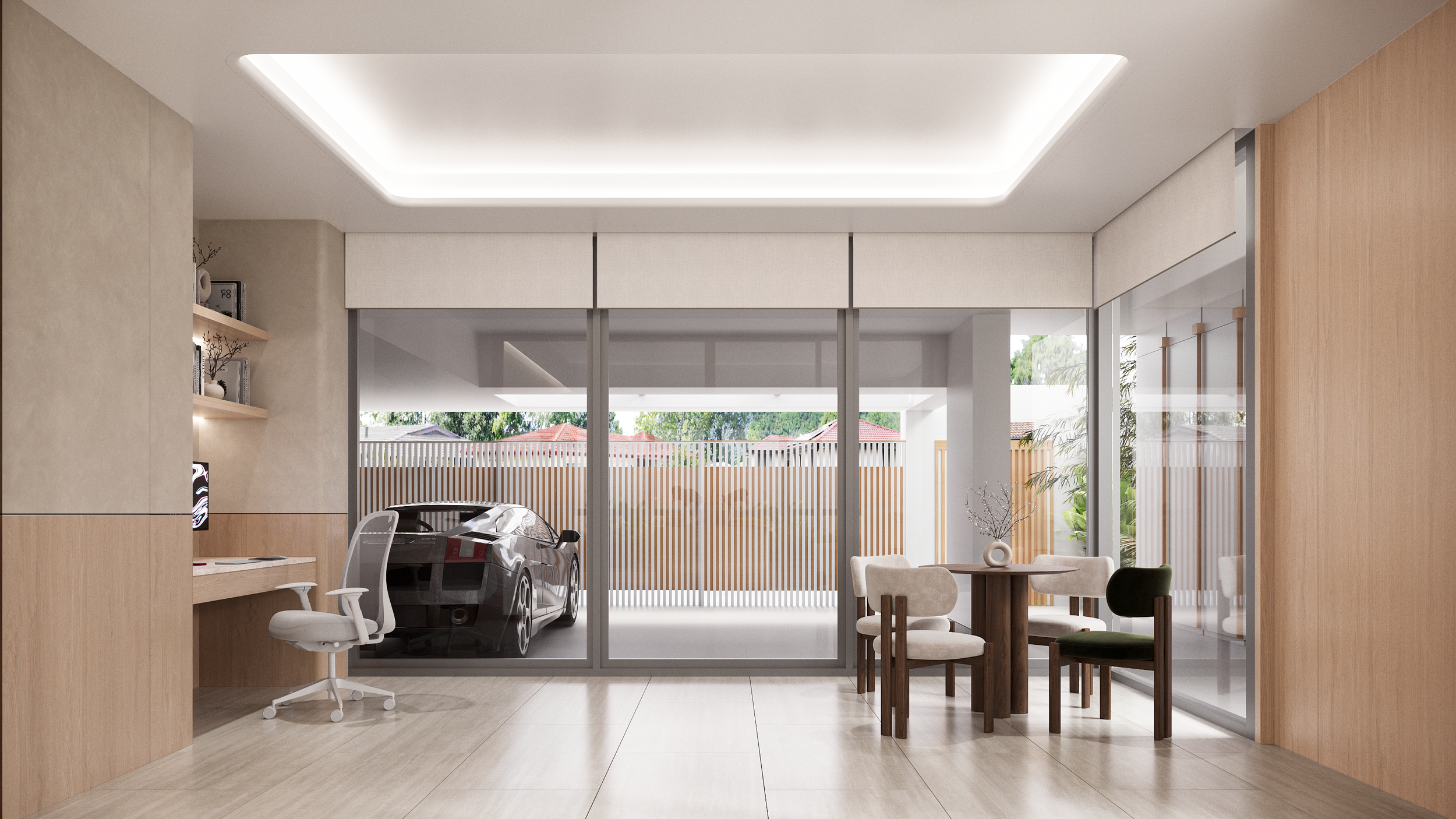 การออกแบบพื้นที่ส่วนกลางที่เน้นความโปร่งสบาย ใช้โทนสีอ่อนและวัสดุไม้เพื่อบรรยากาศที่อบอุ่นและผ่อนคลาย