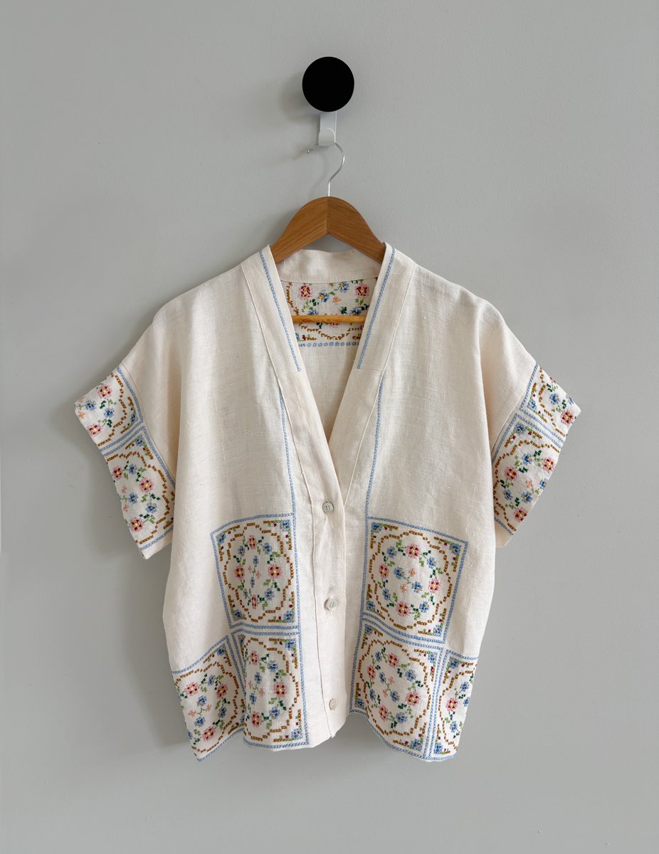 Linen top with embroidery made from a repurposed tablecloth