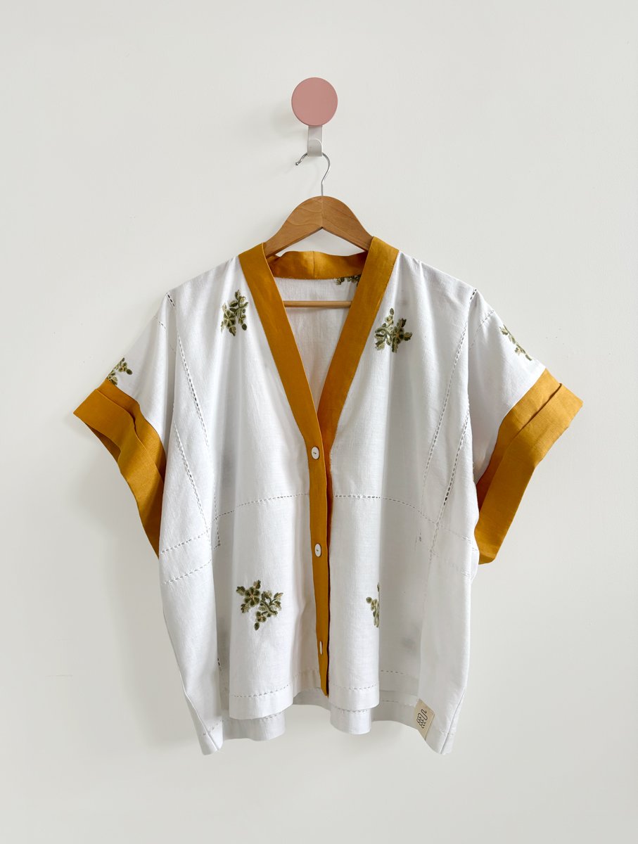 Repurposed linen tablecloth made into a box-style top