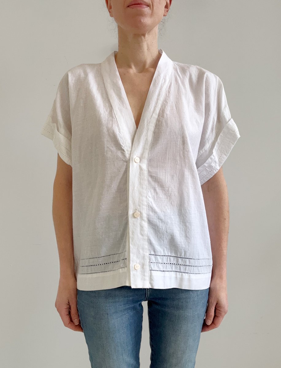 White linen top made from a repurposed tablecloth