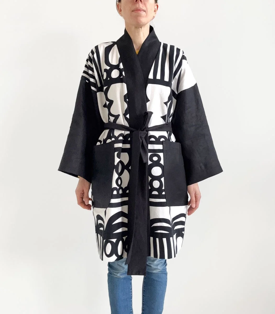 Repurposed black and white  tablecloth kimono style garment