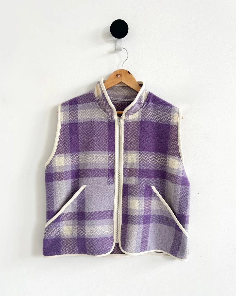 Purple plaid vest made from repurposed vintage wool blanket