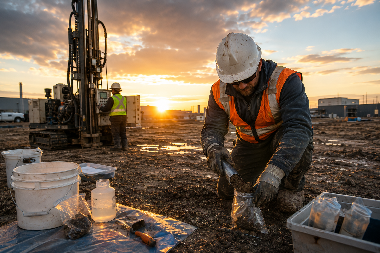 environmental consultants performing Phase 2 ESA drilling and soil sampling activities at an industrial site during environmental investigation work.