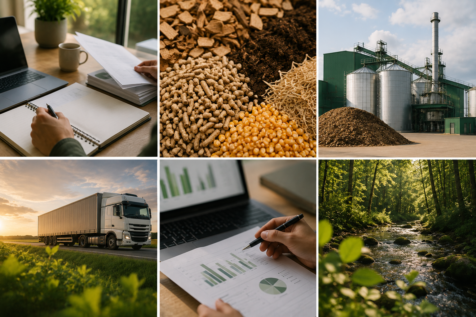 Collage showing biomass feedstocks, agricultural materials, industrial processing facilities, transportation logistics, sustainability review, and environmental documentation related to CFR feedstock eligibility in Canada.