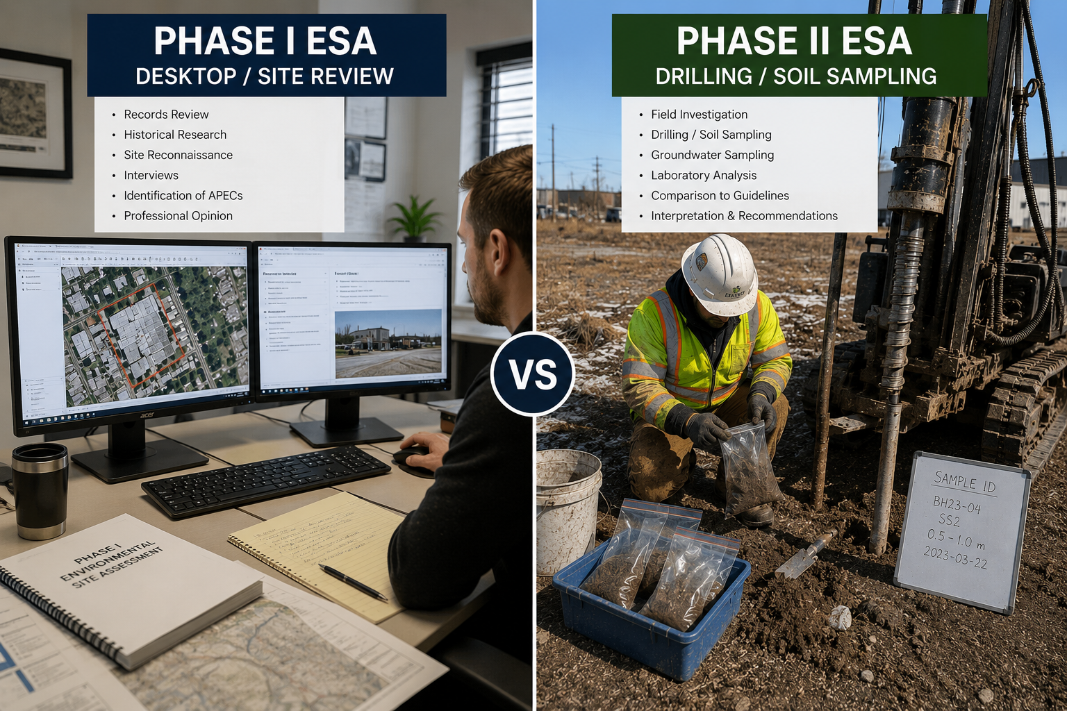 Split-screen comparison of a Phase 1 Environmental Site Assessment involving desktop records review and site research versus a Phase 2 Environmental Site Assessment involving drilling, soil sampling, and field investigation.