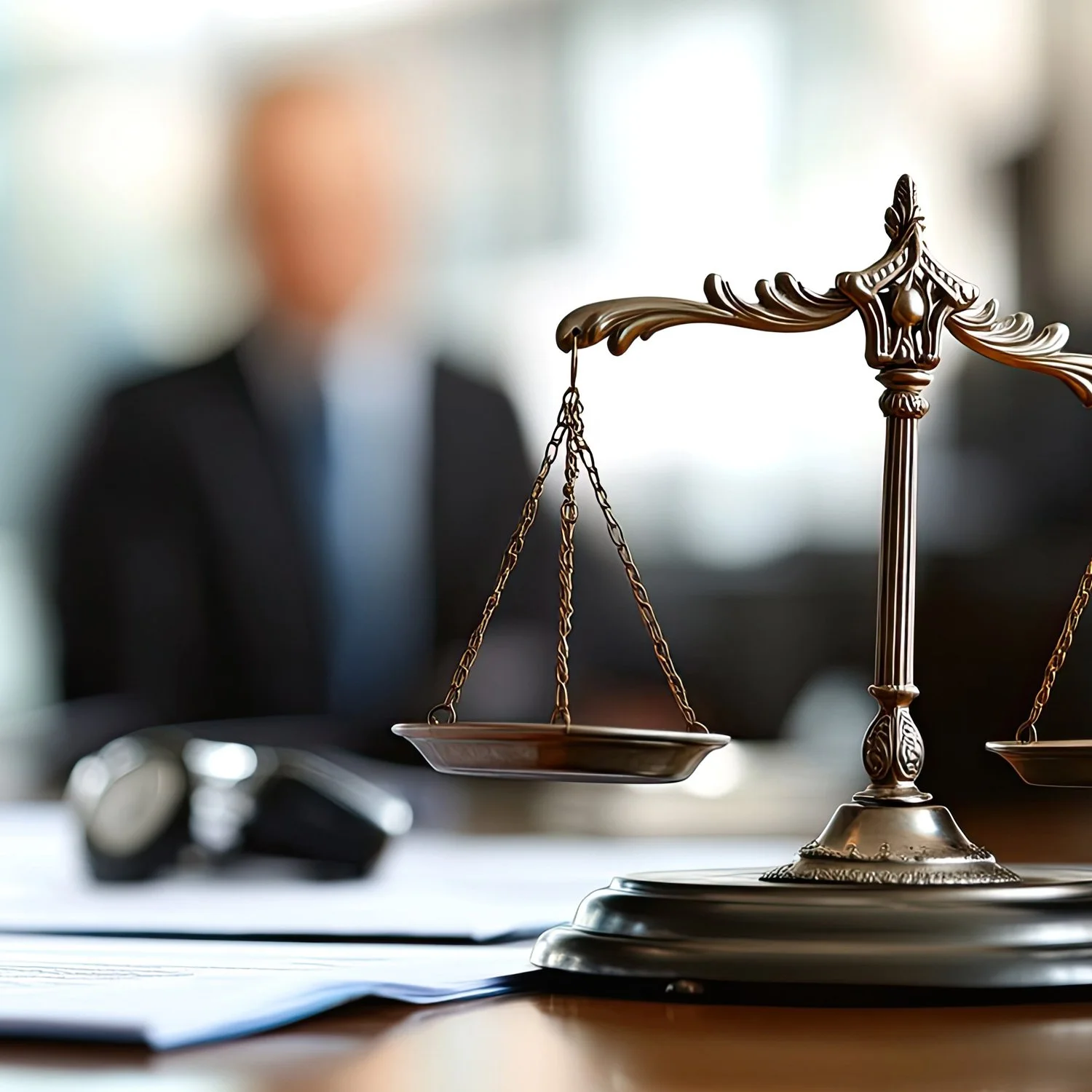 Close-up of a brass balance scale on a wooden desk, with a blurred person in a suit in the background.