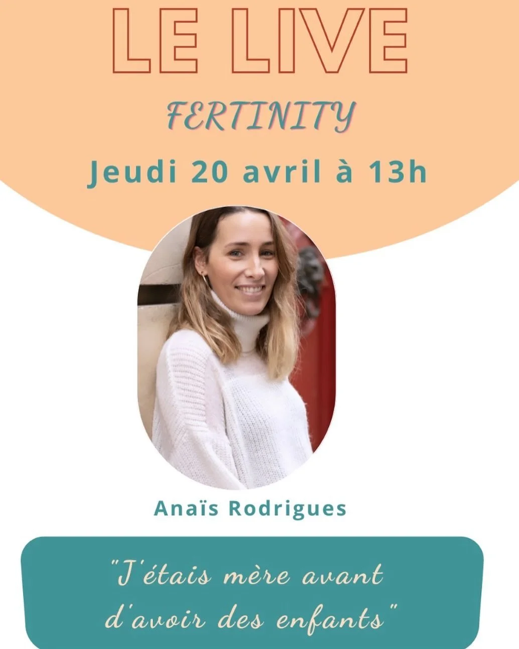 🍀 Live Fertinity 🍀

Jeudi, nous discuterons 🎙️ avec Ana&iuml;s @anais_rodrigues78 que nous avions d&eacute;couverte sur la vid&eacute;o micro trottoir de @victorhabchy .

Ana&iuml;s nous parlera de son parcours d&rsquo;infertilit&eacute; (endom&ea