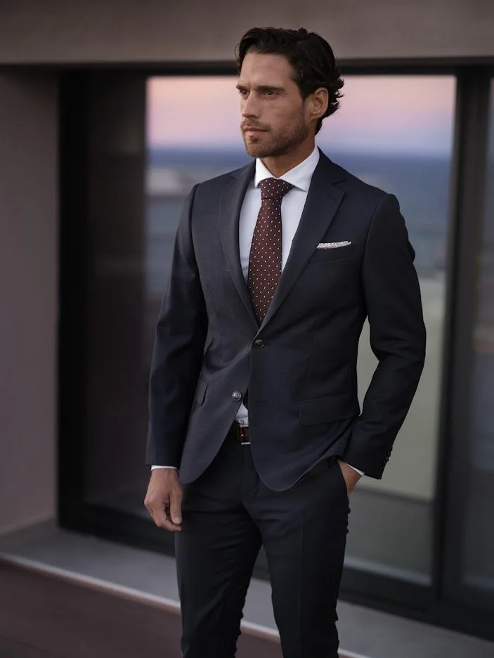 En mann i en mørk dress med hvit skjorte og brun stripete slips står i et rom med store vinduer og utsikt over en by.