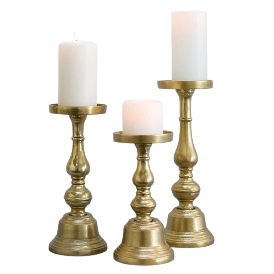Brassy Gold Pillar Candle Holders