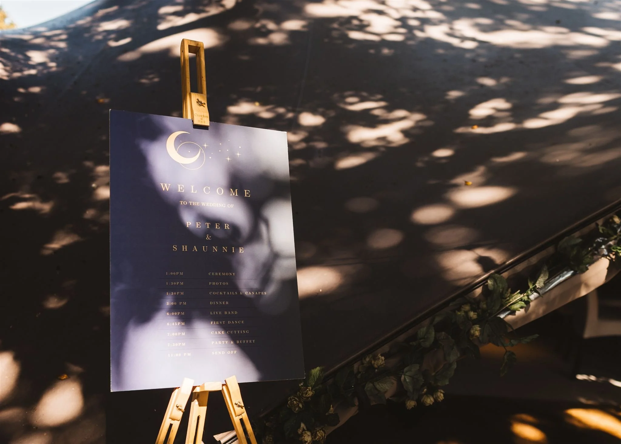 A wedding schedule displayed on an easel with shadows from leaves on a dark background. The schedule includes ceremony, photos, cocktails and canapes, dinner, live band, first dance, cake cutting, party and buffet, and send off.