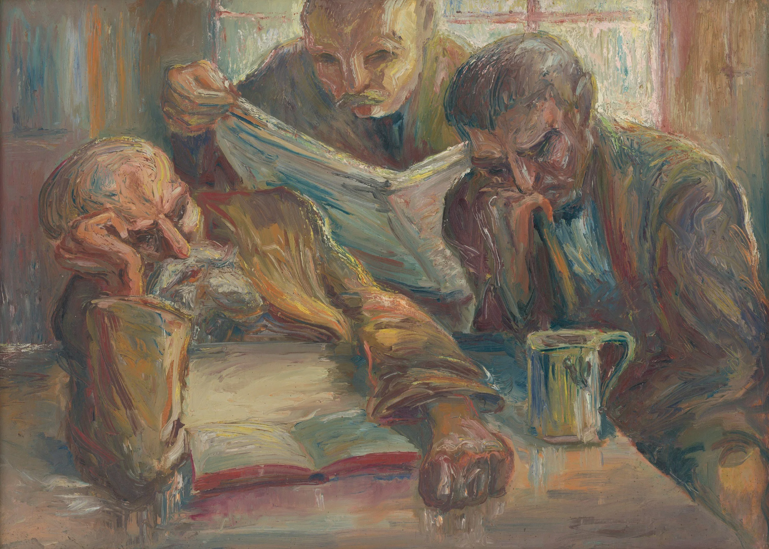 An impressionist painting of three elderly men gathered around a table. One man is resting his head on his hand, another is looking over a book while the third man appears to be deep in thought. There are a coffee mug and a notebook on the table.