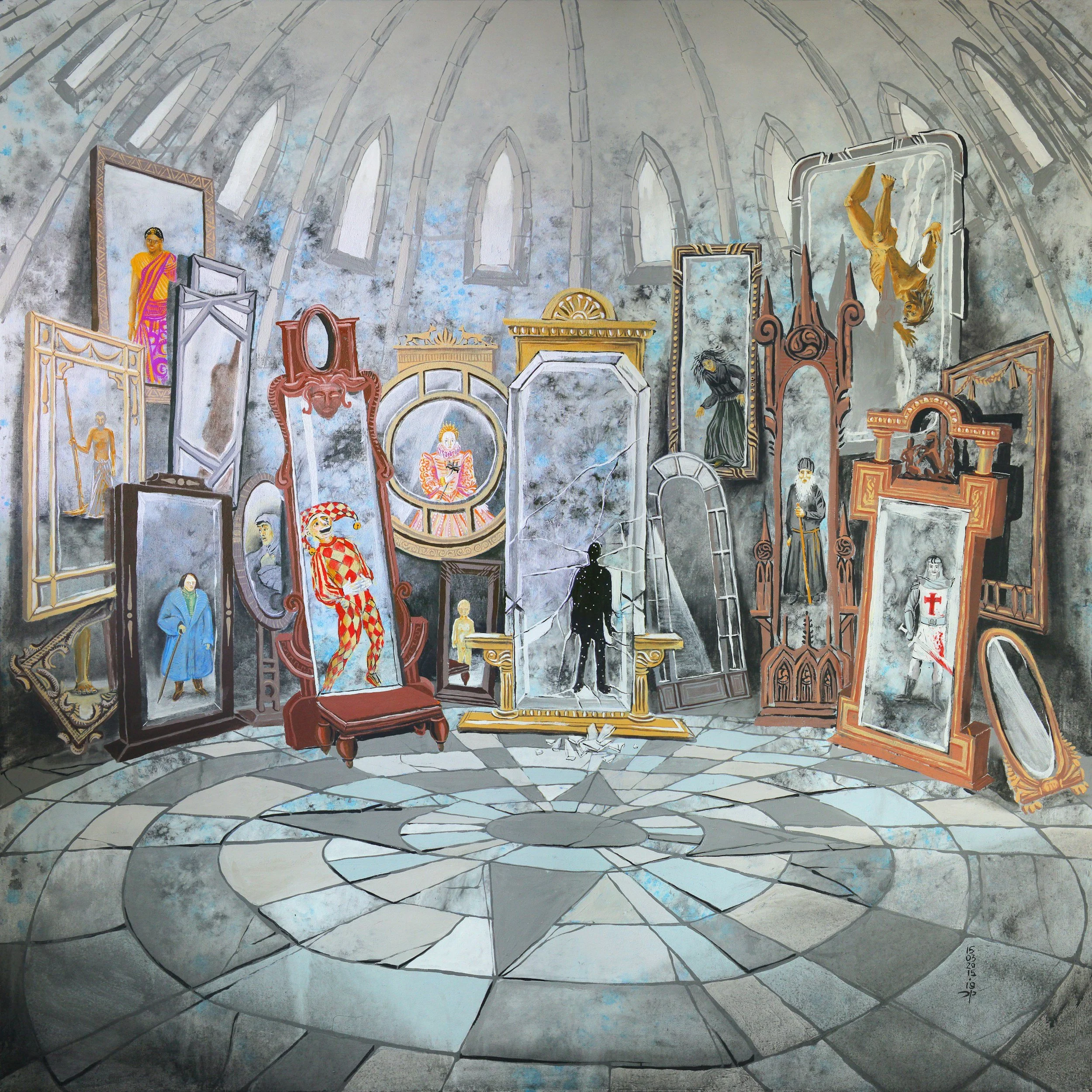 An art installation of various mirrors and frames arranged on a stone floor and gray textured wall, with some mirrors reflecting different images and structures.