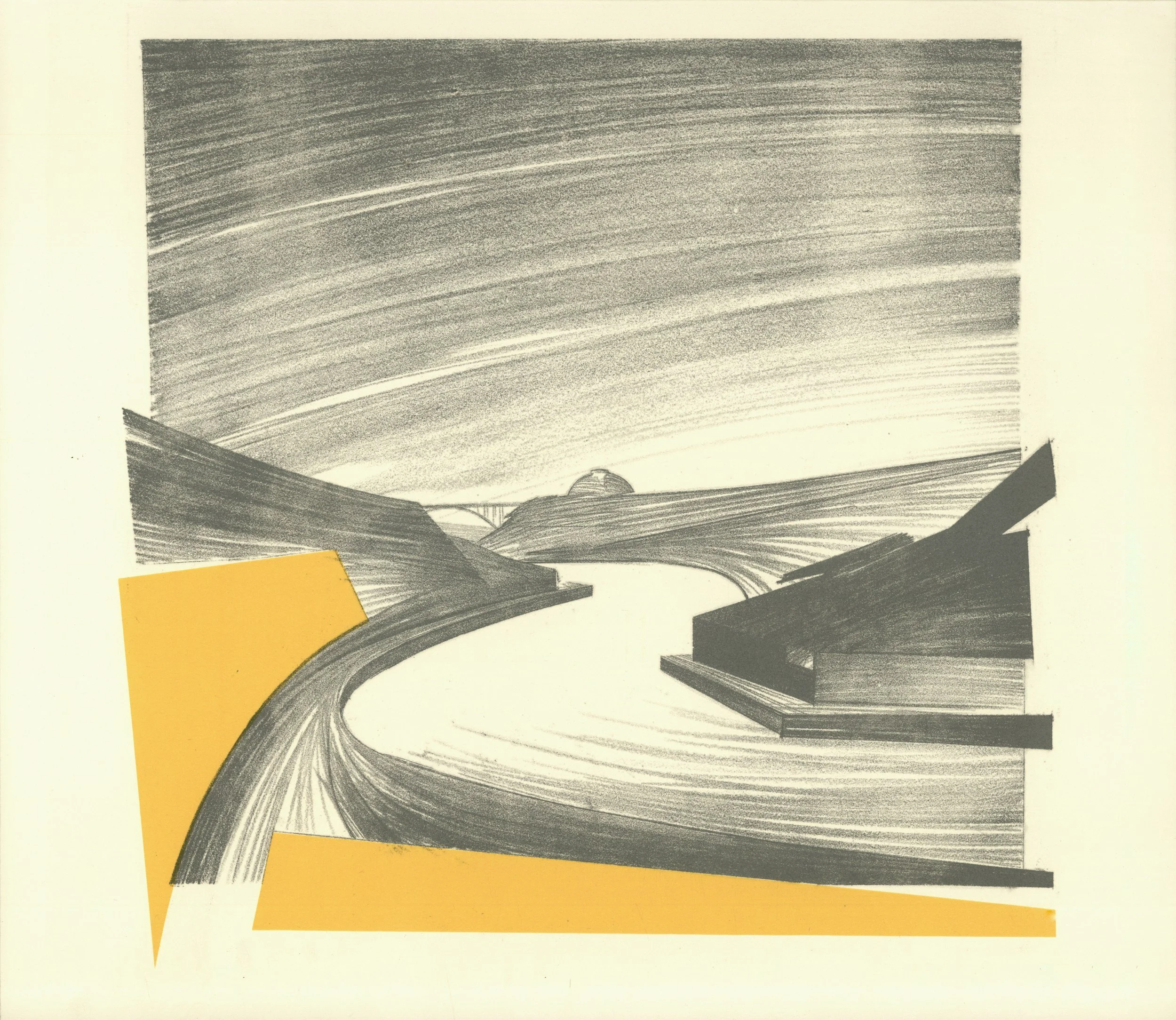 A black and white sketch of a landscape with hills and a winding road, with some yellow geometric shapes overlaying the drawing.