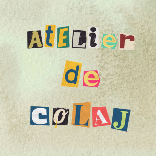 Colorful cut-out letter collage spelling "Atelier de Crochet" on a light green background.
