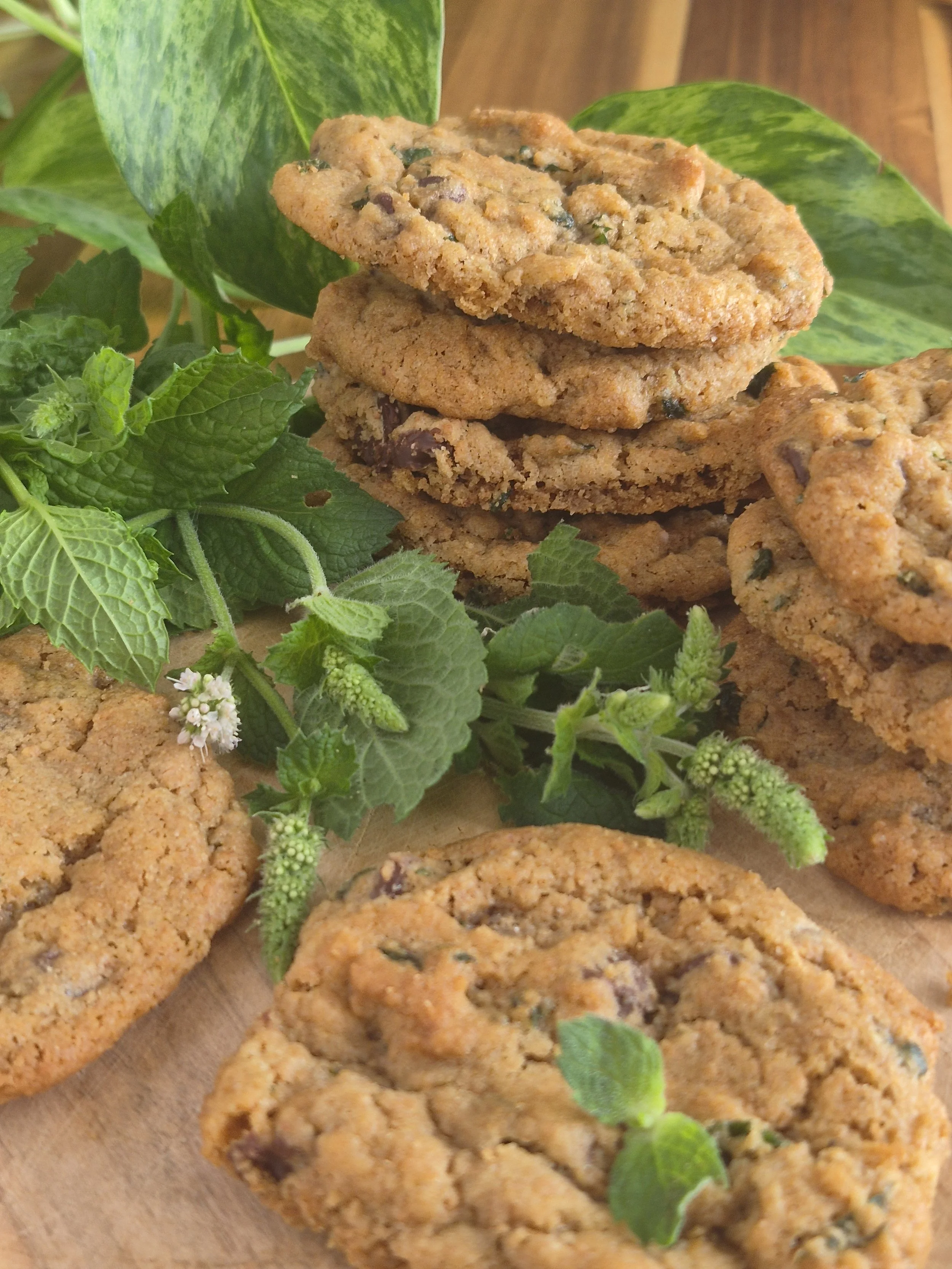stack of chocolate chip mint cookies