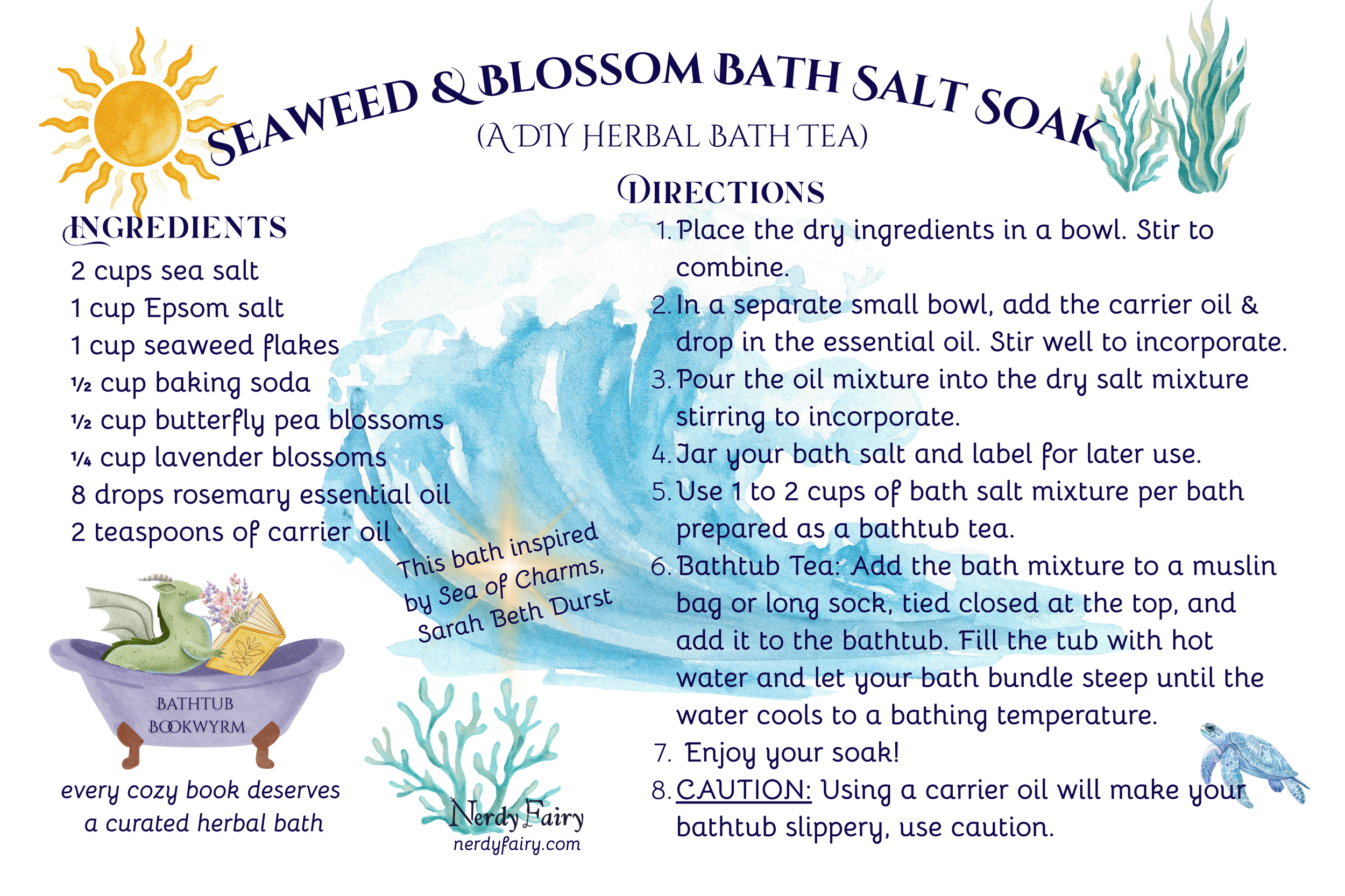 a recipe card for a seaweed bath salt soak recipe with butterfly pea flowers and lavender blossoms