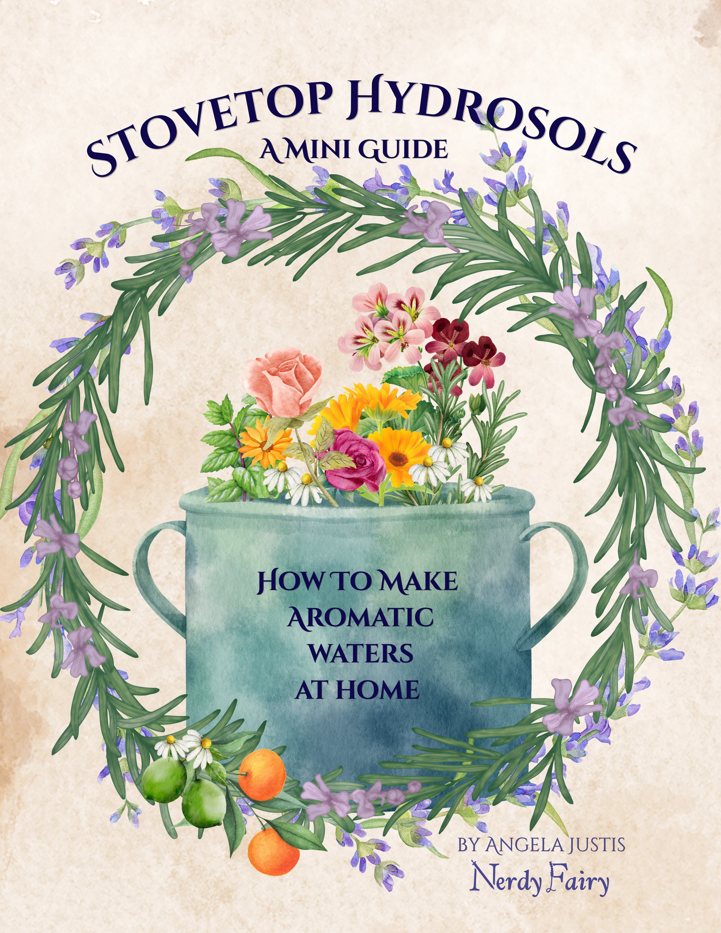 picture of a book cover for making stovetop hydrosols at home includes a stockpot and aromatic plants