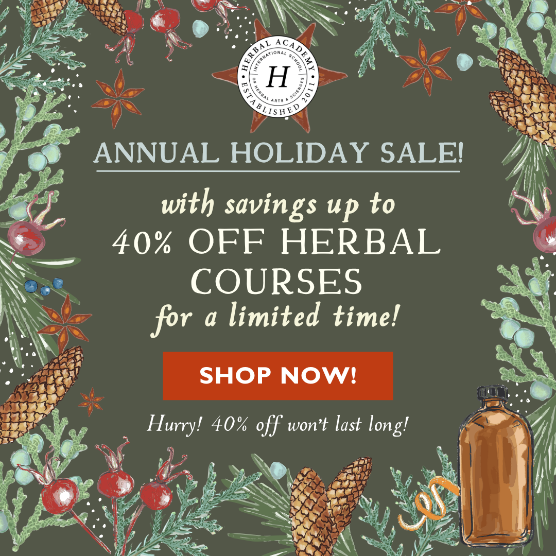 Advertisement for an annual holiday sale at Herbal Academy, with up to 40% off herbal courses, featuring holiday-themed illustrations like pinecones, berries, ginger root, star anise, and a small bottle.