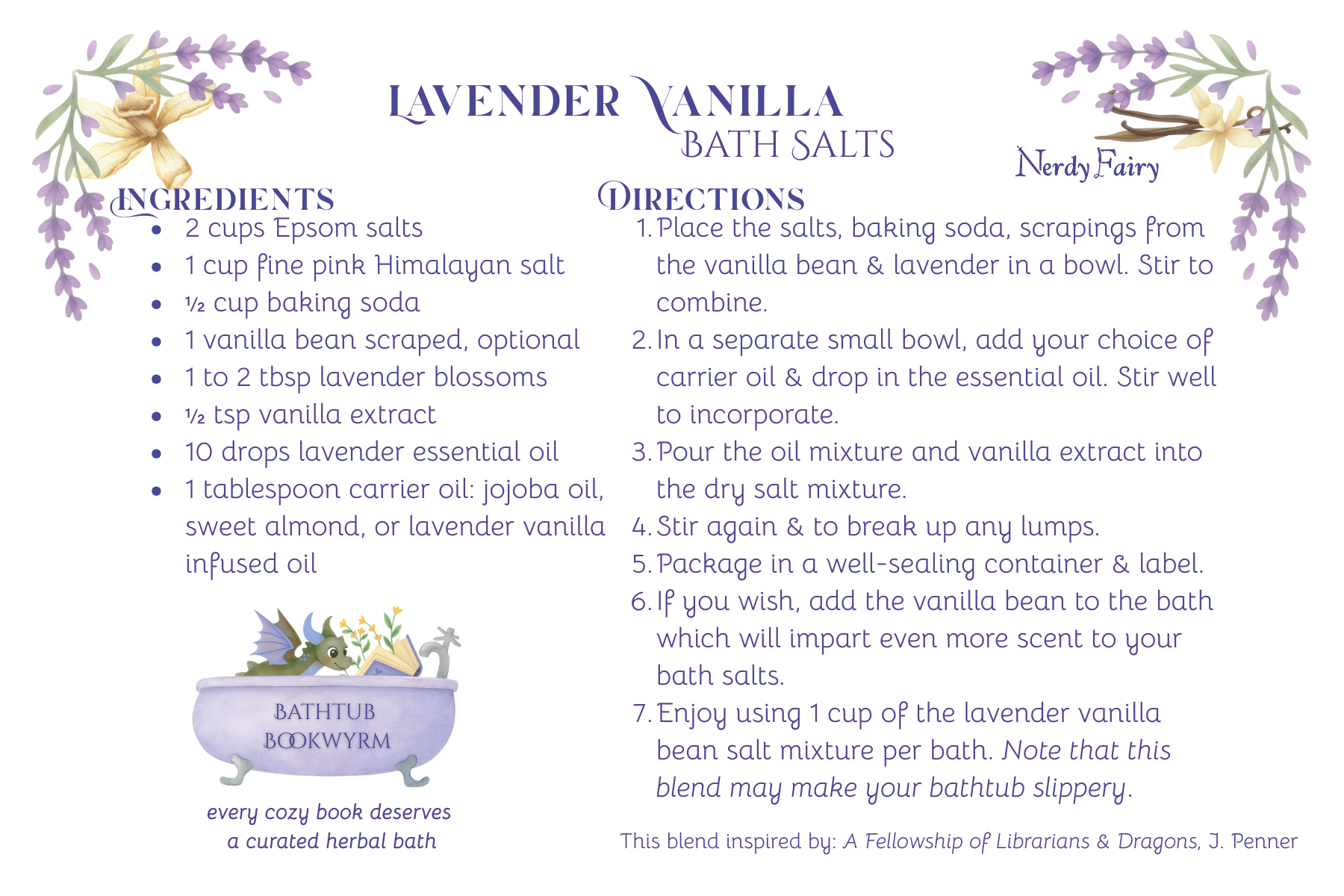 Bathtub Bookwyrm Series Lavender Vanilla Recipe Based on "A Fellowship of Librarians & Dragons"