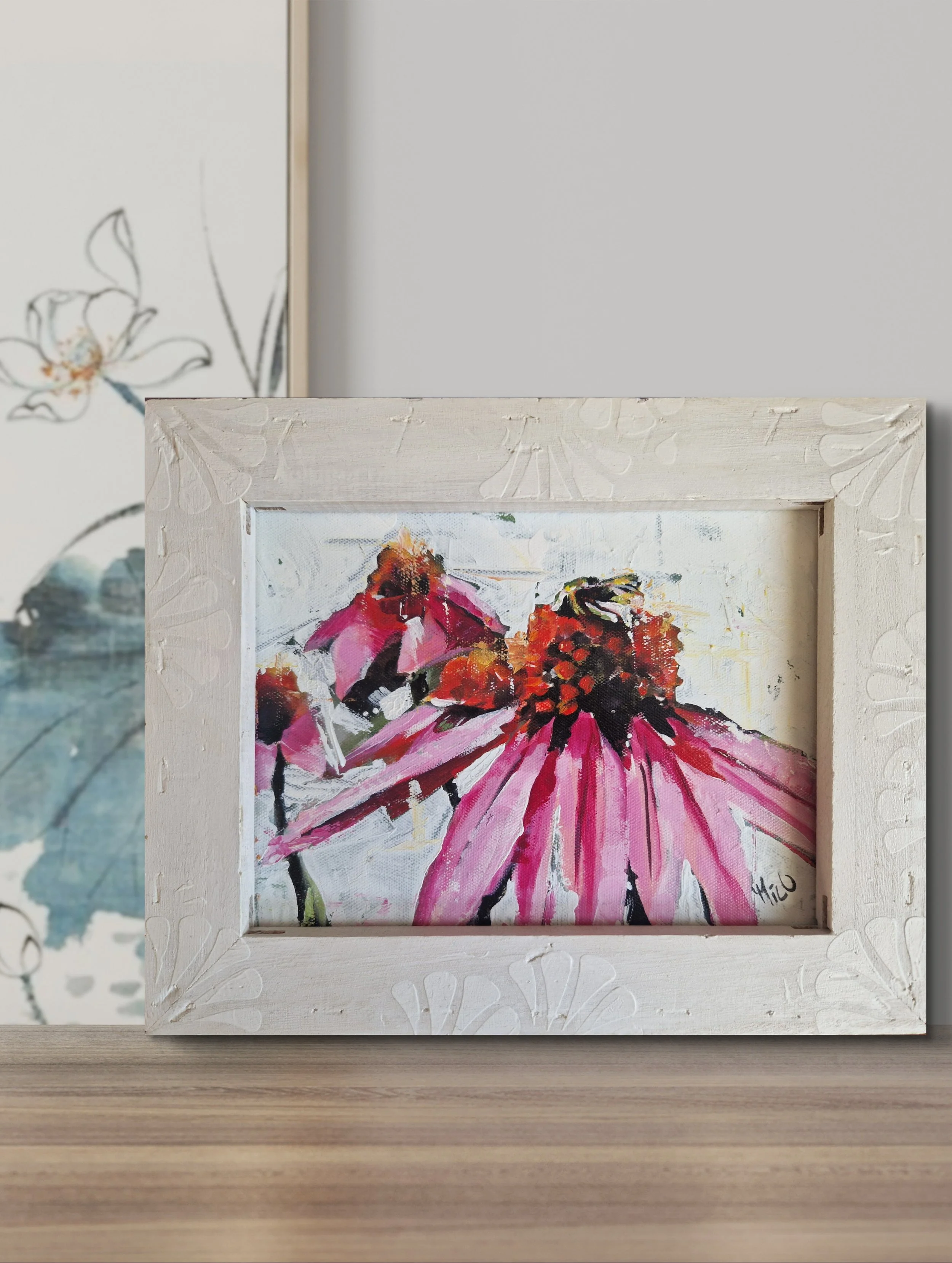 "Enchinacea" Acryl auf Leinwand, gerahmt, 30x25cm, Sonderpreis 70,-€